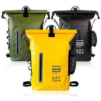 Mochila Estanca impermeable de 25 litros en colores negro, amarillo y verde, ideal para actividades al aire libre.