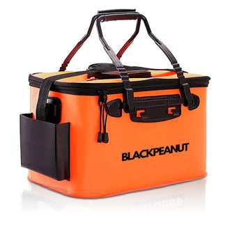 Cubo para cebo de pesca en color naranja, con asas y compartimento lateral, marca BLACKPEANUT.
