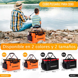 Cubo para cebo de pesca plegable disponible en 2 colores y 2 tamaños, ideal para pesca al aire libre.