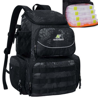 Mochila de pesca con cajas incluida, mochila de pesca 2025, Nevo Rhino, diseño negro, ideal para almacenar equipo de pesca.