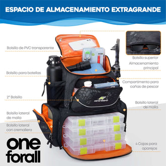 Mochila de Pesca con Cajas Incluidas 2025, espacio de almacenamiento extragrande, con múltiples bolsillos y cuatro cajas para aparejos.