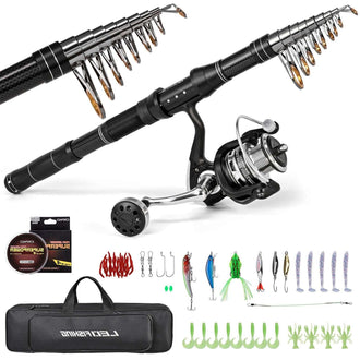 Kit de pesca completo que incluye caña, carrete, señuelos, sedal y bolsa de transporte.