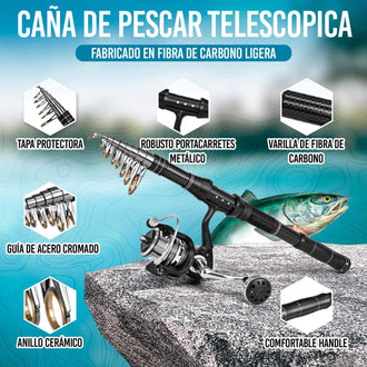 Caña de Pescar Telescopica - Fabricado en Fibra de Carbono Ligera para pesca, incluye tapa protectora y robusto portacarret.  kit de pesca completo