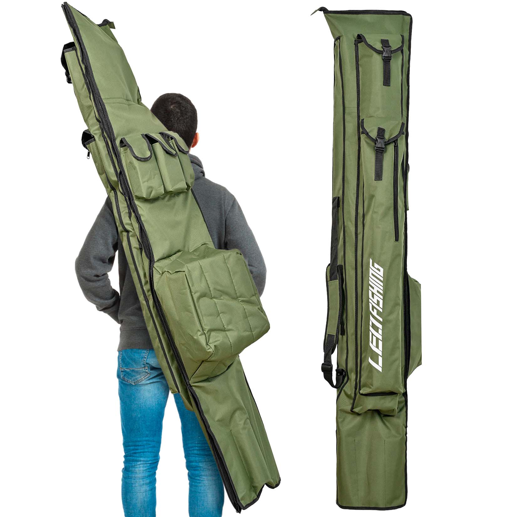 Funda Blackpeanut para cañas de surfcasting de 1,75 metros, vista frontal y trasera